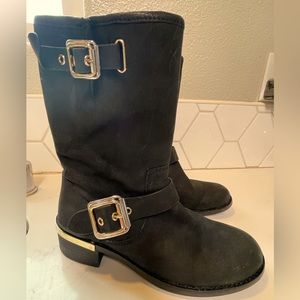 Vince Camuto Winchell Black Leather Moto Boots Gold Buckle